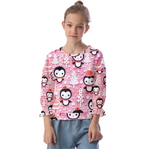 Cute Penguin Pattern Kids  Cuff Sleeve Top by Loisa77