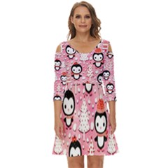 Cute Penguin Pattern Shoulder Cut Out Zip Up Dress