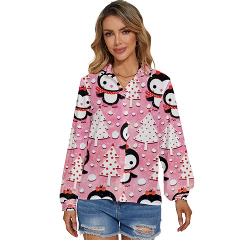 Cute Penguin Pattern Women s Long Sleeve Button Up Shirt by Loisa77