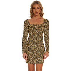 Floral Fusion Print Long Sleeve Square Neck Bodycon Velvet Dress by dflcprintsclothing