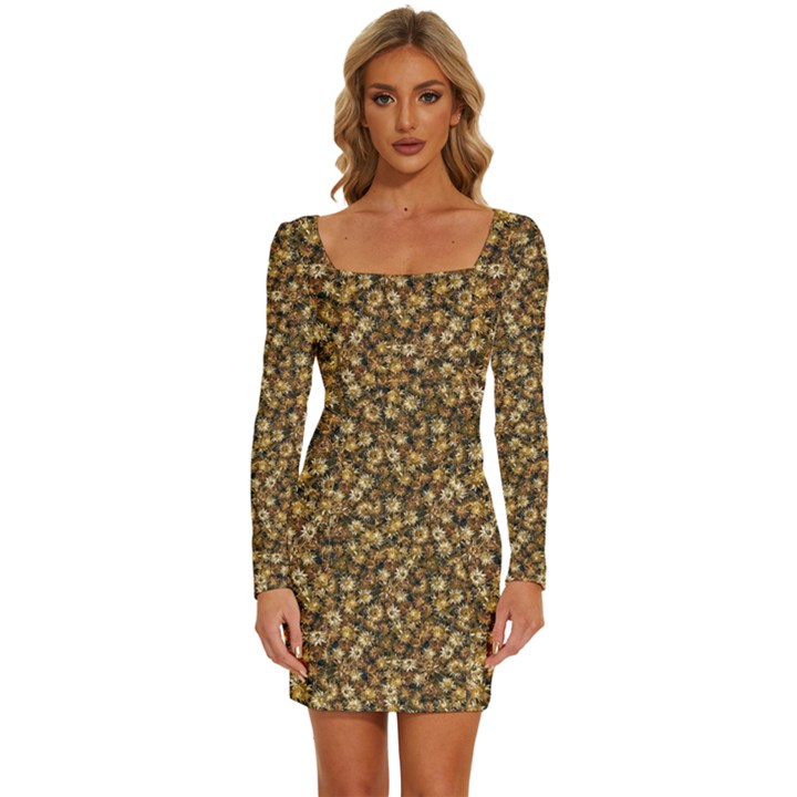 Floral Fusion Print Long Sleeve Square Neck Bodycon Velvet Dress