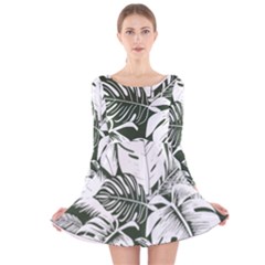 Abstract Art Tropical Leaves Long Sleeve Velvet Skater Dress