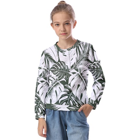 Abstract Art Tropical Leaves Kids  Long Sleeve T-shirt With Frill  by Valentinaart