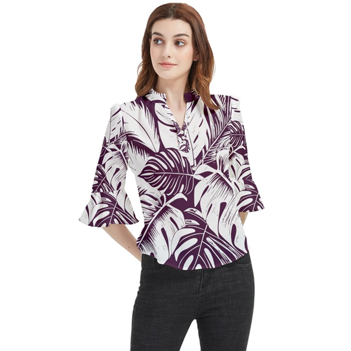 Abstract Art Tropical Leaves Loose Horn Sleeve Chiffon Blouse