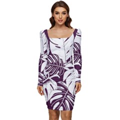 Abstract Art Tropical Leaves Women Long Sleeve Ruched Stretch Jersey Dress