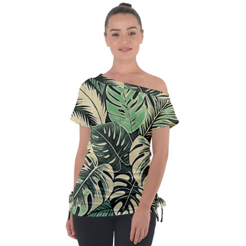 Abstract Art Tropical Leaves Off Shoulder Tie-up T-shirt by Valentinaart