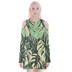 Abstract Art Tropical Leaves Velvet Long Sleeve Shoulder Cutout Dress by Valentinaart