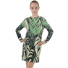 Abstract Art Tropical Leaves Long Sleeve Hoodie Dress