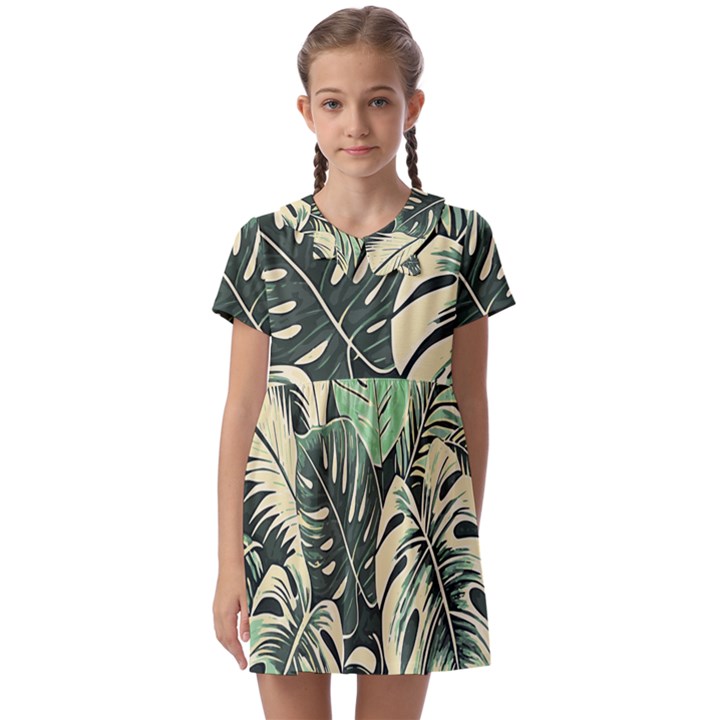 Abstract Art Tropical Leaves Kids  Asymmetric Collar Dress