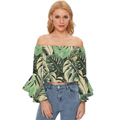 Abstract Art Tropical Leaves Off Shoulder Flutter Bell Sleeve Top