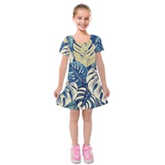 Abstract Art Tropical Leaves Kids  Short Sleeve Velvet Dress