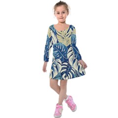 Abstract Art Tropical Leaves Kids  Long Sleeve Velvet Dress