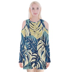 Abstract Art Tropical Leaves Velvet Long Sleeve Shoulder Cutout Dress