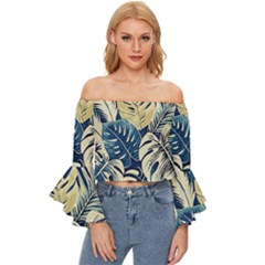 Abstract Art Tropical Leaves Off Shoulder Flutter Bell Sleeve Top