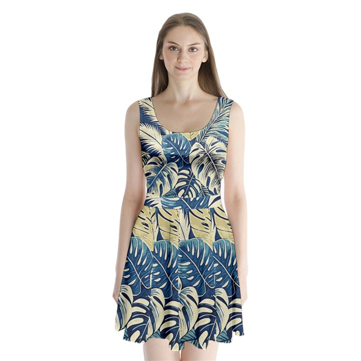 Abstract Art Tropical Leaves Split Back Mini Dress 