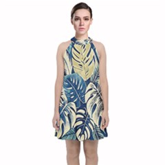 Abstract Art Tropical Leaves Velvet Halter Neckline Dress 