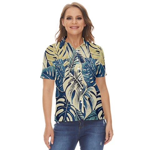 Abstract Art Tropical Leaves Women s Short Sleeve Double Pocket Shirt by Valentinaart