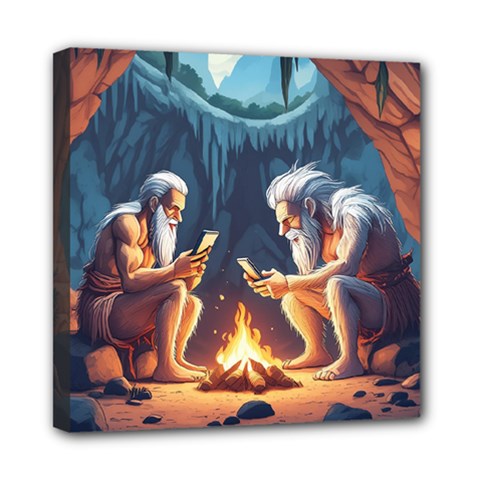 Old Prehistoric Men Around Fire Using Smartphones (ai) Mini Canvas 8  X 8  (stretched)