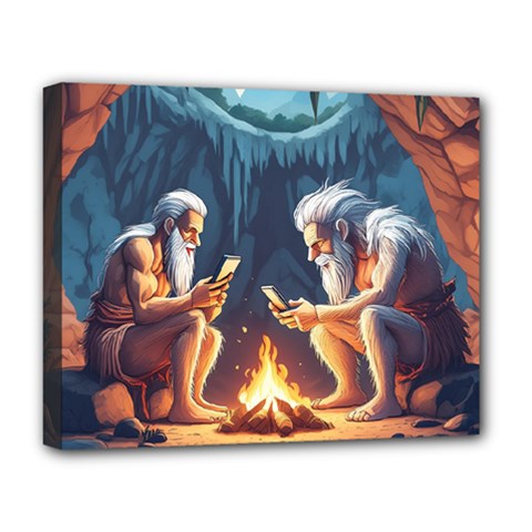 Old Prehistoric Men Around Fire Using Smartphones (ai) Deluxe Canvas 20  X 16  (stretched) by dflcprintsclothing