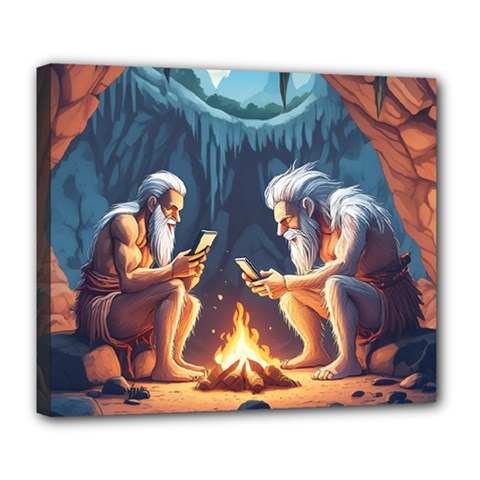 Old Prehistoric Men Around Fire Using Smartphones (ai) Deluxe Canvas 24  X 20  (stretched) by dflcprintsclothing