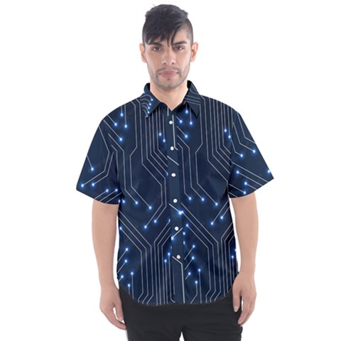 Seamless Pattern Of Glowing Circuit Board Neon Technology Men s Short Sleeve Shirt by Loisa77