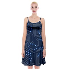 Seamless Pattern Of Glowing Circuit Board Neon Technology Spaghetti Strap Velvet Dress