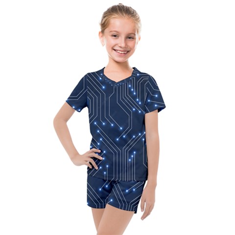 Seamless Pattern Of Glowing Circuit Board Neon Technology Kids  Mesh T-shirt And Shorts Set by Loisa77