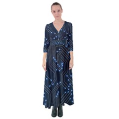 Seamless Pattern Of Glowing Circuit Board Neon Technology Button Up Maxi Dress by Loisa77