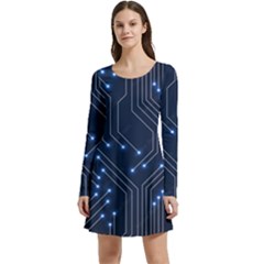 Seamless Pattern Of Glowing Circuit Board Neon Technology Long Sleeve Velour Skater Dress by Loisa77