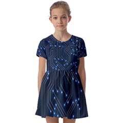 Seamless Pattern Of Glowing Circuit Board Neon Technology Kids  Short Sleeve Pinafore Style Dress by Loisa77