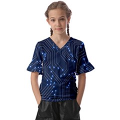 Seamless Pattern Of Glowing Circuit Board Neon Technology Kids  V-neck Horn Sleeve Blouse by Loisa77