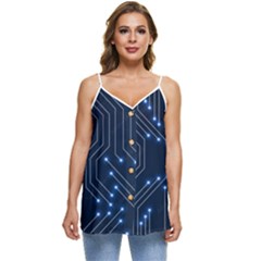 Seamless Pattern Of Glowing Circuit Board Neon Technology Casual Spaghetti Strap Chiffon Top by Loisa77