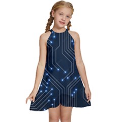 Seamless Pattern Of Glowing Circuit Board Neon Technology Kids  Halter Collar Waist Tie Chiffon Dress by Loisa77