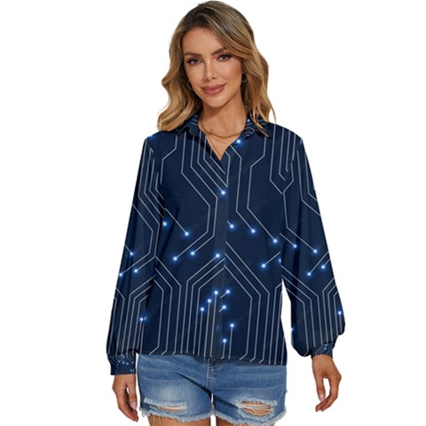 Seamless Pattern Of Glowing Circuit Board Neon Technology Women s Long Sleeve Button Up Shirt by Loisa77