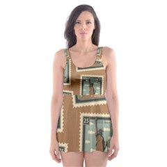 Retro Postage Seamless Pattern Skater Dress Swimsuit by Loisa77