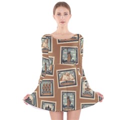 Retro Postage Seamless Pattern Long Sleeve Velvet Skater Dress