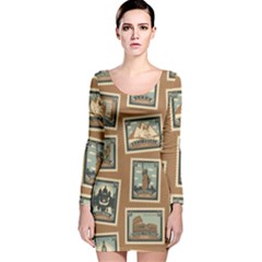 Retro Postage Seamless Pattern Long Sleeve Velvet Bodycon Dress