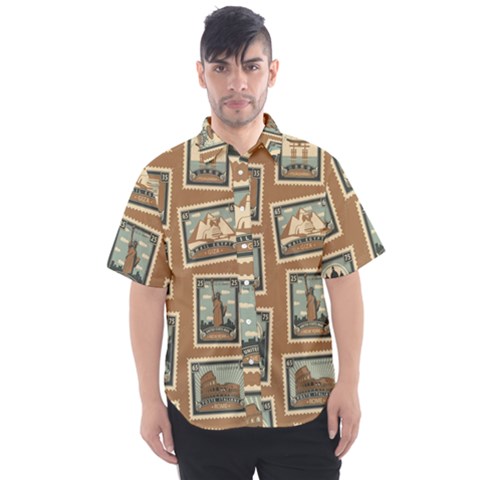 Retro Postage Seamless Pattern Men s Short Sleeve Shirt by Loisa77