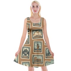 Retro Postage Seamless Pattern Reversible Velvet Sleeveless Dress