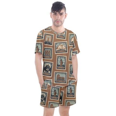 Retro Postage Seamless Pattern Men s Mesh T-shirt And Shorts Set by Loisa77