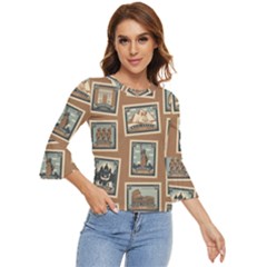 Retro Postage Seamless Pattern Bell Sleeve Top