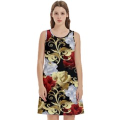 Roses Seamless Pattern Floral Round Neck Sleeve Casual Dress With Pockets