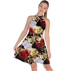 Roses Seamless Pattern Floral Sleeveless Halter Neck A-line Dress by Loisa77