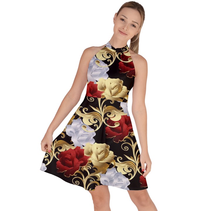 Roses Seamless Pattern Floral Sleeveless Halter Neck A-Line Dress