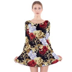 Roses Seamless Pattern Floral Long Sleeve Velvet Skater Dress