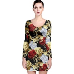 Roses Seamless Pattern Floral Long Sleeve Velvet Bodycon Dress