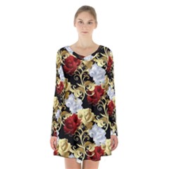 Roses Seamless Pattern Floral Long Sleeve Velvet V-neck Dress