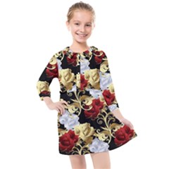 Roses Seamless Pattern Floral Kids  Quarter Sleeve Shirt Dress by Loisa77