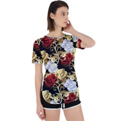 Roses Seamless Pattern Floral Perpetual Short Sleeve T-shirt by Loisa77