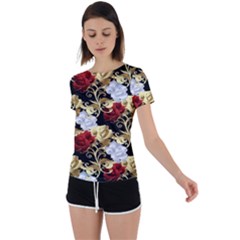 Roses Seamless Pattern Floral Back Circle Cutout Sports T-shirt by Loisa77